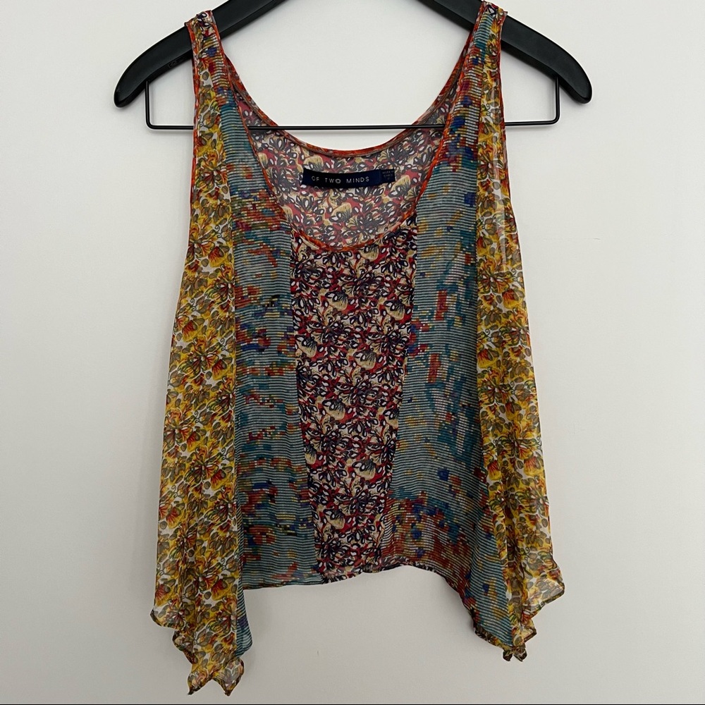 OF TWO MINDS Sheer Printed Silk Tank Top Size Small